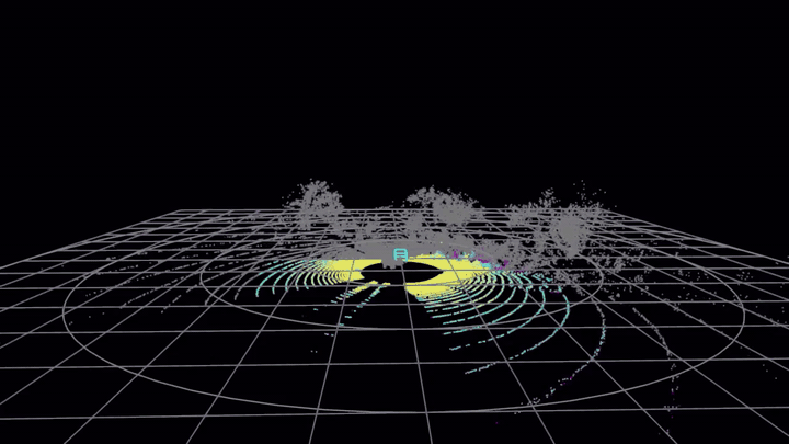 Open3D chase-camera view with each LiDAR point colored by the cell's probabilistic confidence (viridis). Obstacle points and off-grid points fade to dim gray. The bright ground band shows where the supervisor has high-confidence terrain reads; the dim halo at far range shows where the heuristic would have cliffed but probabilistic still reports trustworthy values.