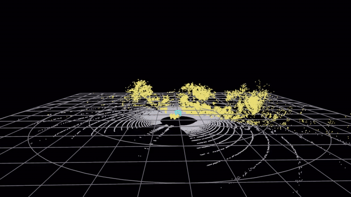 Open3D chase-camera view with RANSAC-classified points: ground (gray) vs obstacle (warm yellow). Same camera and ego framing as the raw and confidence views.